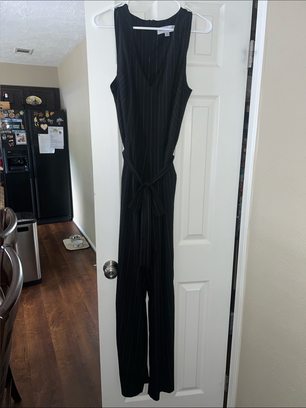 Emma & Michele Black Pinstripe Sleeveless Jumpsuit with Tie Waist